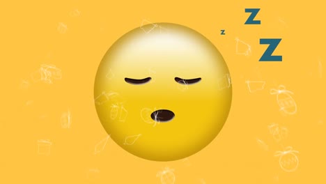 Animation-of-white-christmas-icons-falling-over-sleeping-emoji-on-yellow-background