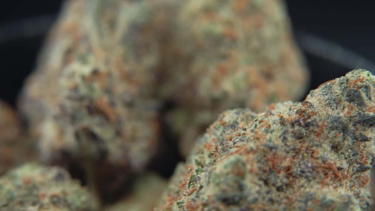 Macro of a premium cannabis bud rotating on a 360-degree display stand, showcasing its trichomes, vibrant hues, and sharp texture. Ideal for showcasing top-tier cannabis product 4k tilt down movement