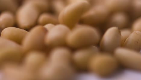 extreme close up pine nuts falling on flat surface