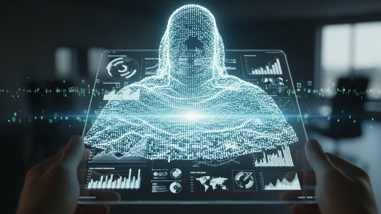 A holographic figure is displayed on a transparent screen, showcasing a blend of data visuals and statistics, highlighting the intersection of technology and human interaction