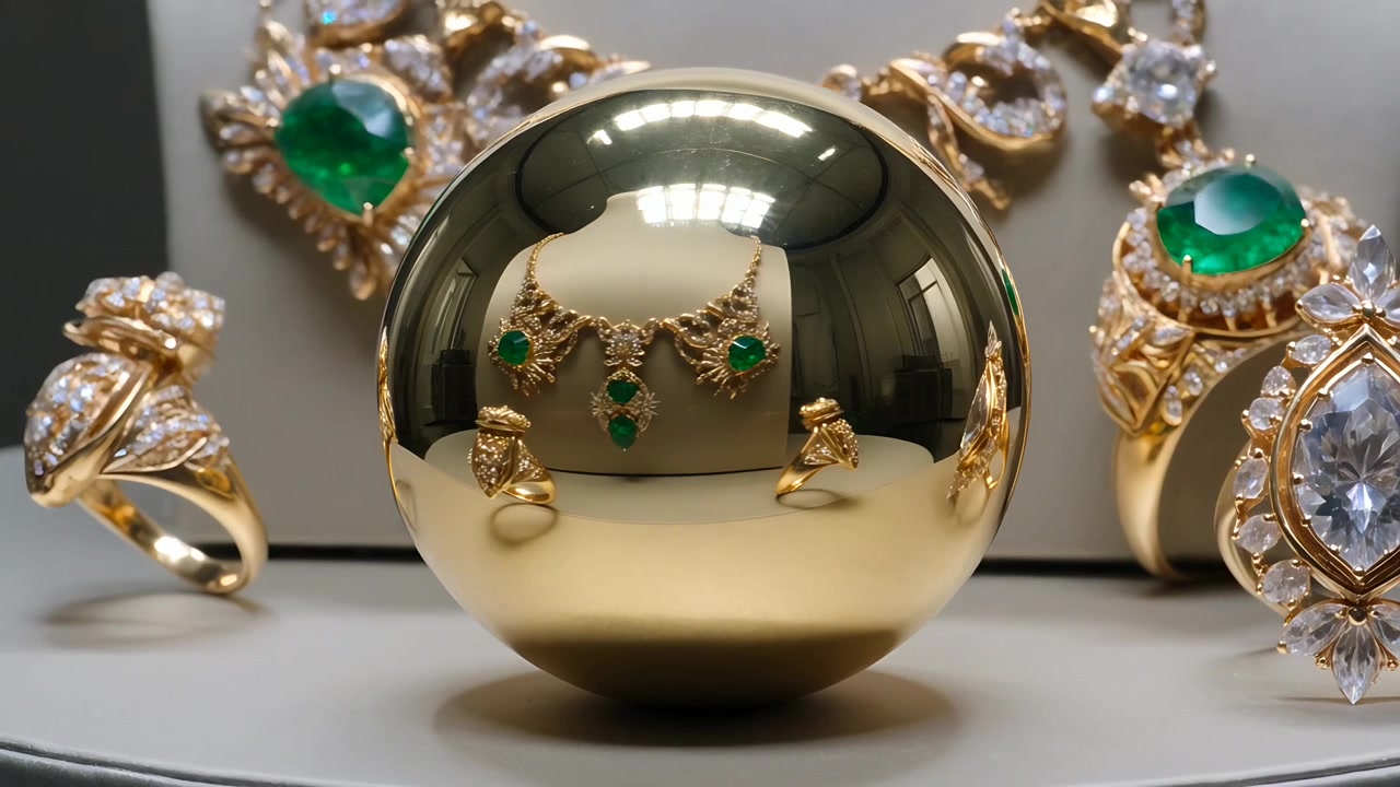 Telecamera in movimento che cattura una sfera d'oro in esposizione, rivelando il riflesso di una collana e il dettaglio di un anello a destra