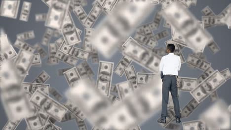 animation of american dollar banknotes falling over businessman on grey background