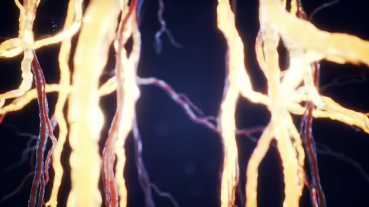 Captivating Macro View of an Intricate Neural Network with Vivid Coloration and Vibrant Animation, Showcasing the Beauty of Interconnected Nerve Fibers in Dynamic Motion