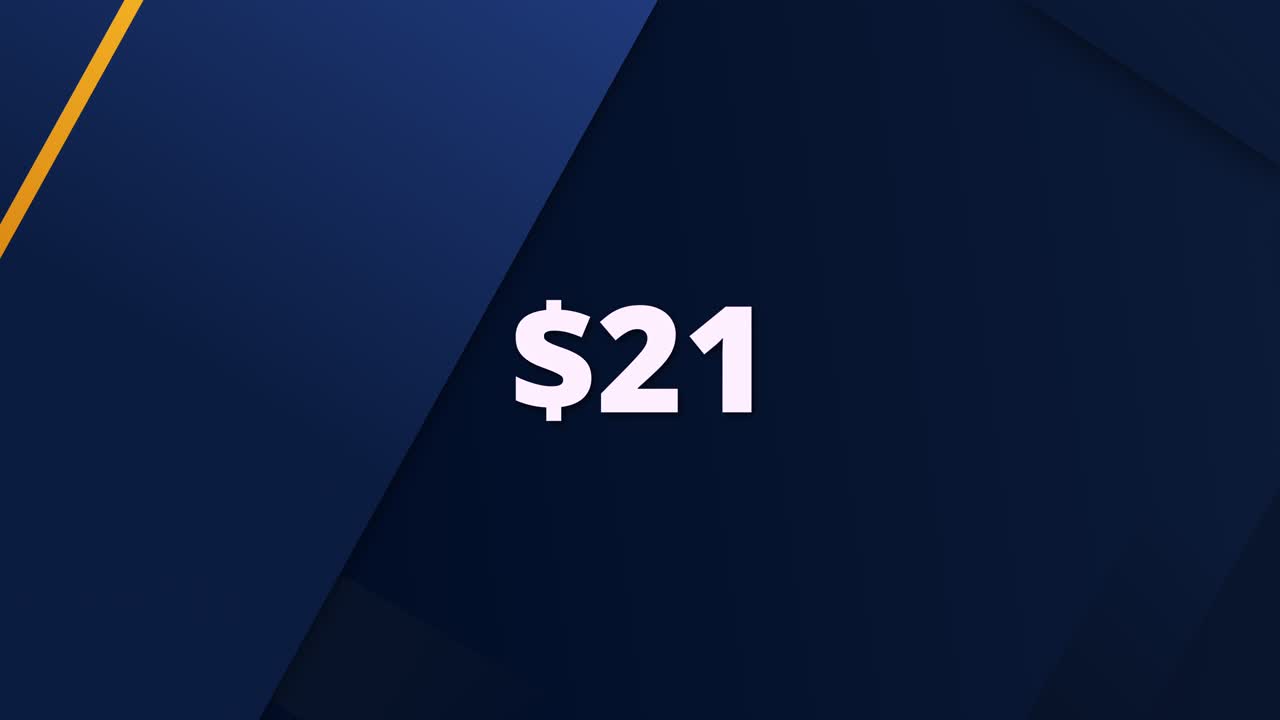 Flad design-animation, der viser en digital pris på $21. Designet til marketingvideoer, webshops eller salgskampagner
