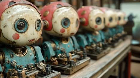 a row of old robots sitting on top of a table