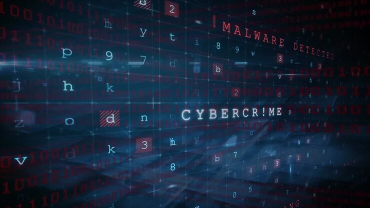Animation of cyber attack warning over data processing on black background