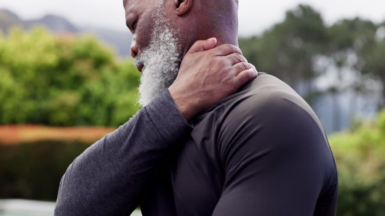 Senior man, neck pain and hand with fitness