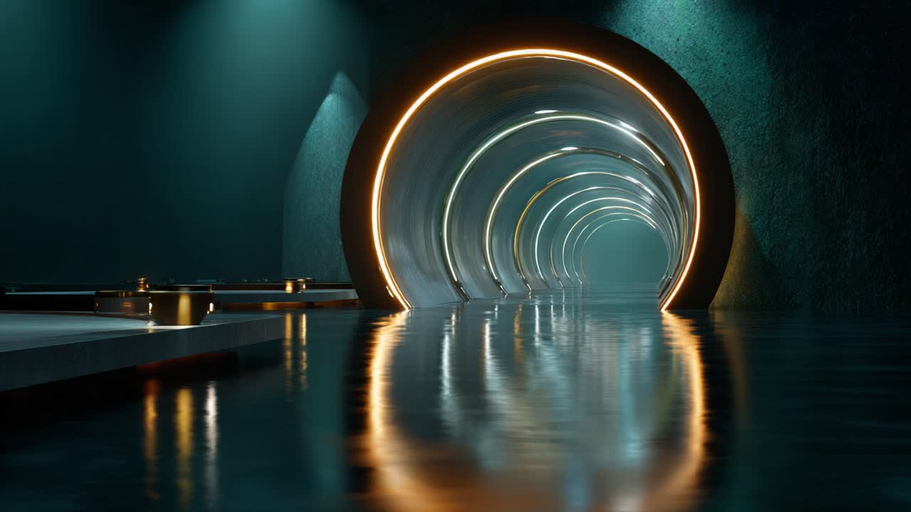 En mystisk tunnel med bløde belysninger og reflekterende vandoverflader, der skaber en stemningsfuld scene med dybde og ro