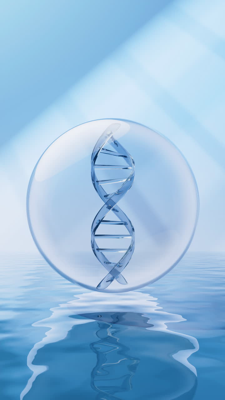 DNA con sfondo di superficie d'acqua, rendering 3D