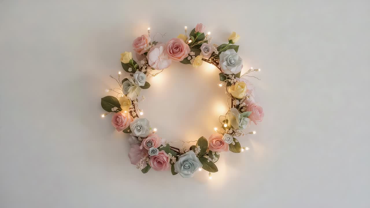 Eine Zoom-Kamera zeigt einen floralen Kranz an einer hellen Wand, wobei der Fokus auf pastellfarbenen Rosen und pulsierenden Mikro-LEDs liegt