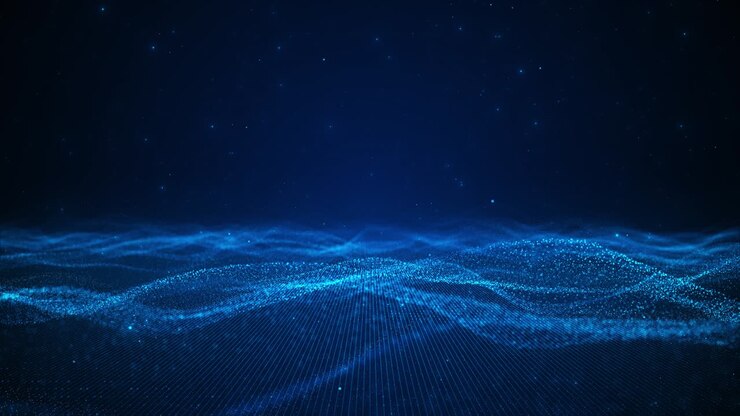 Flusso astratto e futuristico di punti ondulatori di particelle di cybertecnologia big data linea digitale di volo 3D 4K