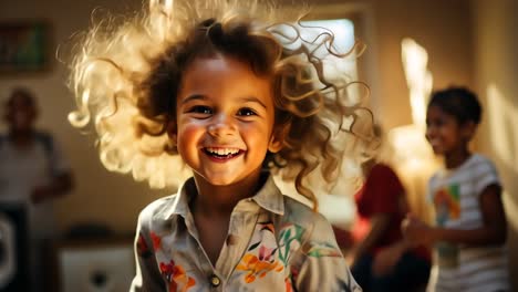young girl with curly hair smiles joyfully in a brightly lit room