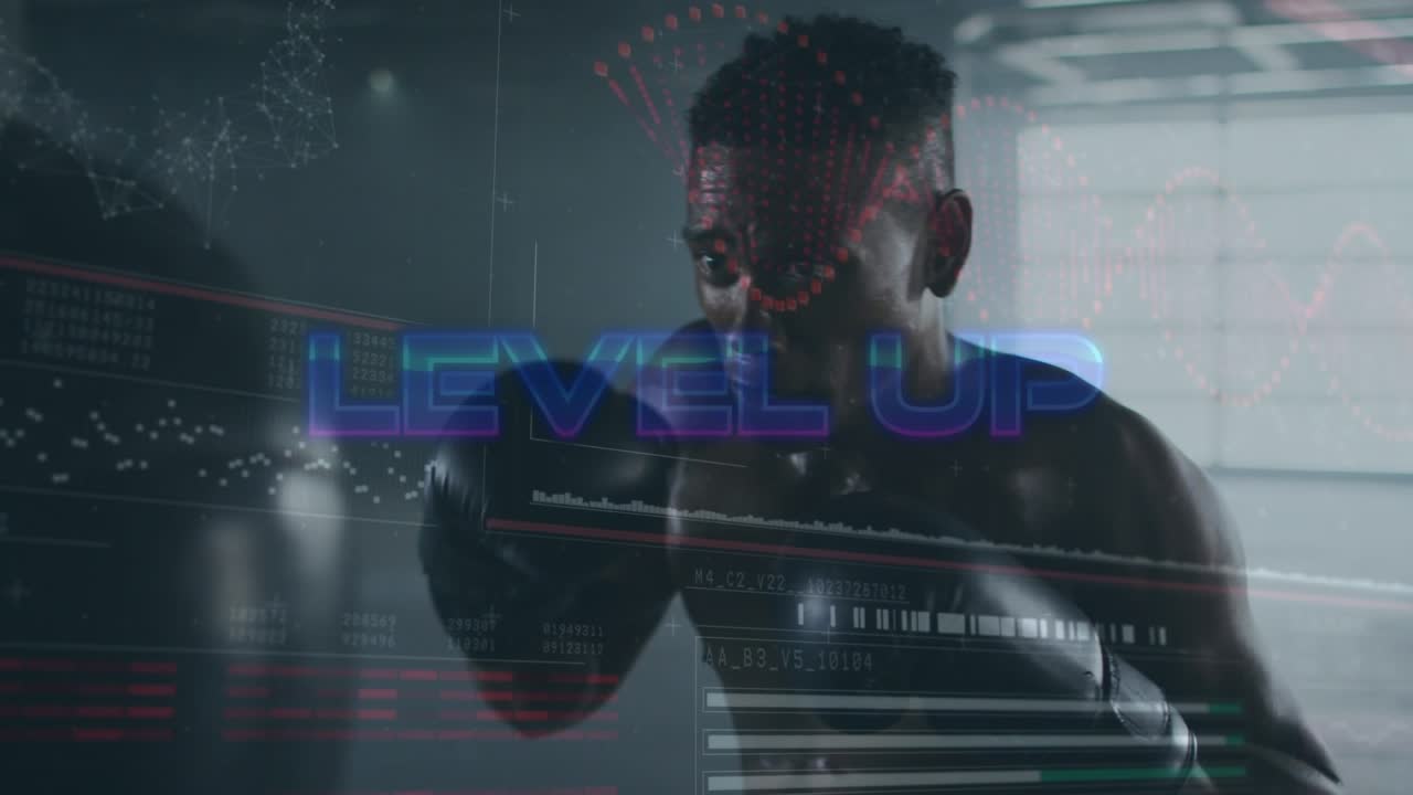 Animation of level up text with data against young african boxer hitting punching bag at gym