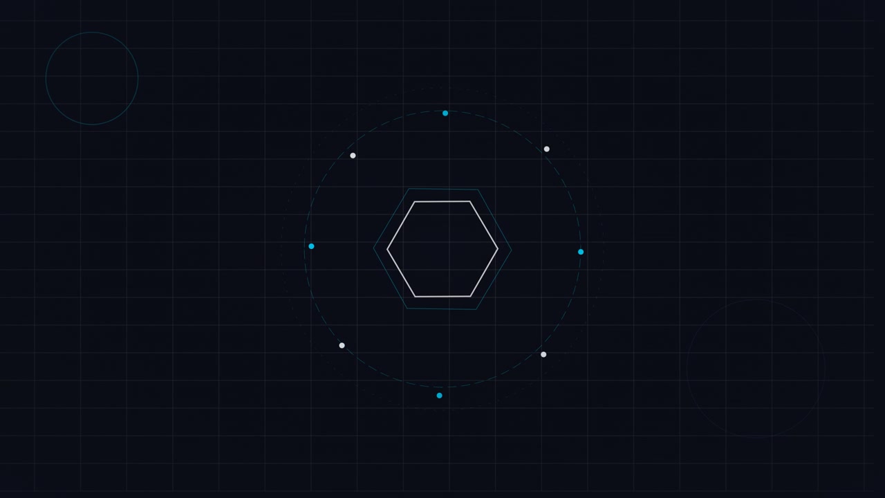 Abstract Digital Hexagon Animation with Rotating Orbital Elements
