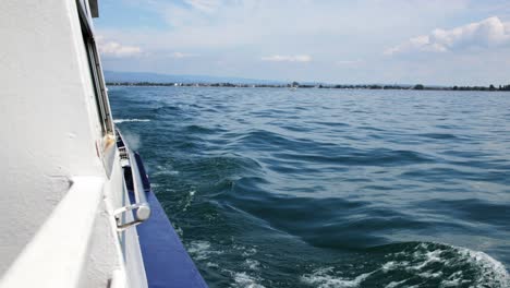 side view of white and blue boat as wake and waves bounce off into lake, coastline in background