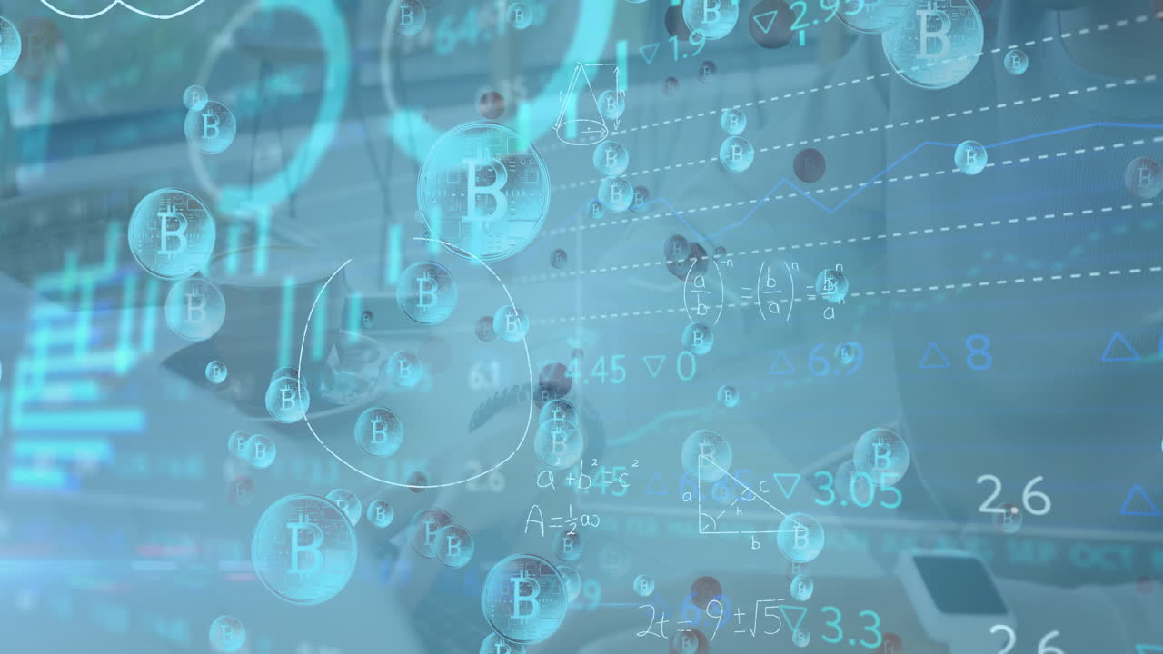 노트북을 사용하는 이중 인종 남성에 대한 데이터 처리 및 비트코인의 애니메이션