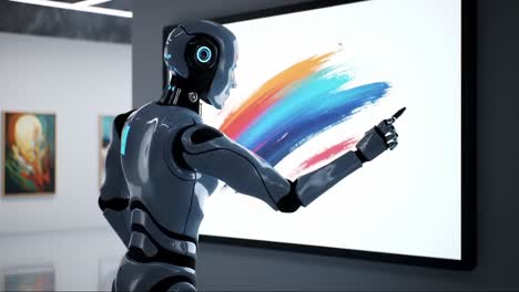 a robot artist showcases its skills by painting on a digital canvas with bright colors.