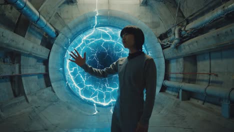a person interacts with or stands near a glowing electric portal in a futuristic tunnel
