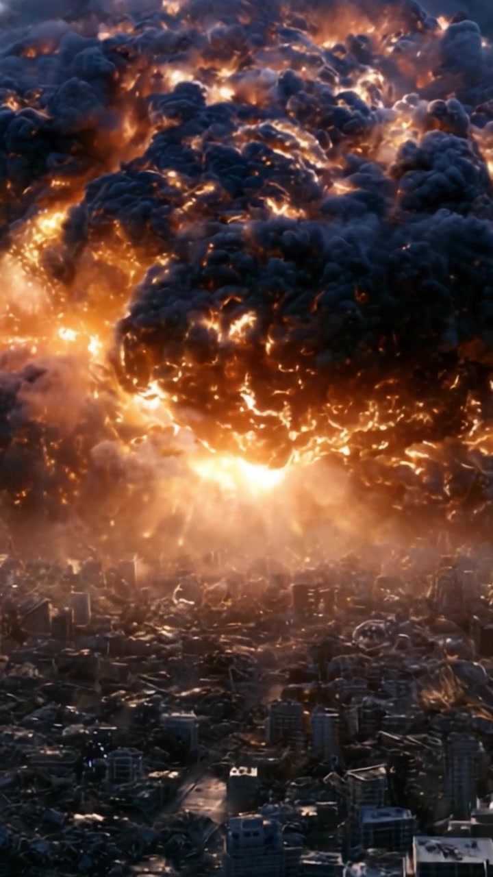 Un'esplosione catastrofica illumina il paesaggio urbano, avvolgendo la città tra fiamme e fumo, a significare caos e distruzione in una spaventosa dimostrazione di potenza