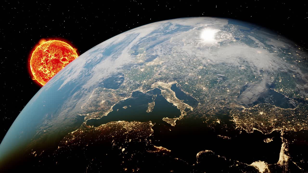 태양과 지구: 유럽 대륙과 아프리카 대륙과 함께 우주에서 볼 수 있는 지구 행성