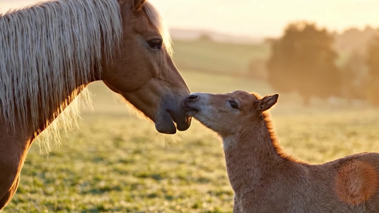 Encuentros Tiernos: Un Caballo y su Potro Comparten un Momento Afectuoso con la Luz de la Hora Dorada, Capturando el Vínculo entre Madre y Cría en un Paisaje Campestre Sereno.
