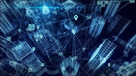 3d 4k business and communnication network on city loop background.