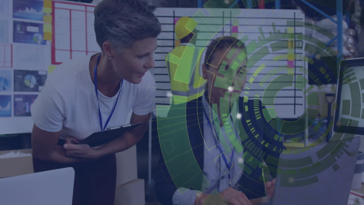 In office, business professionals discussing data using digital animation interface