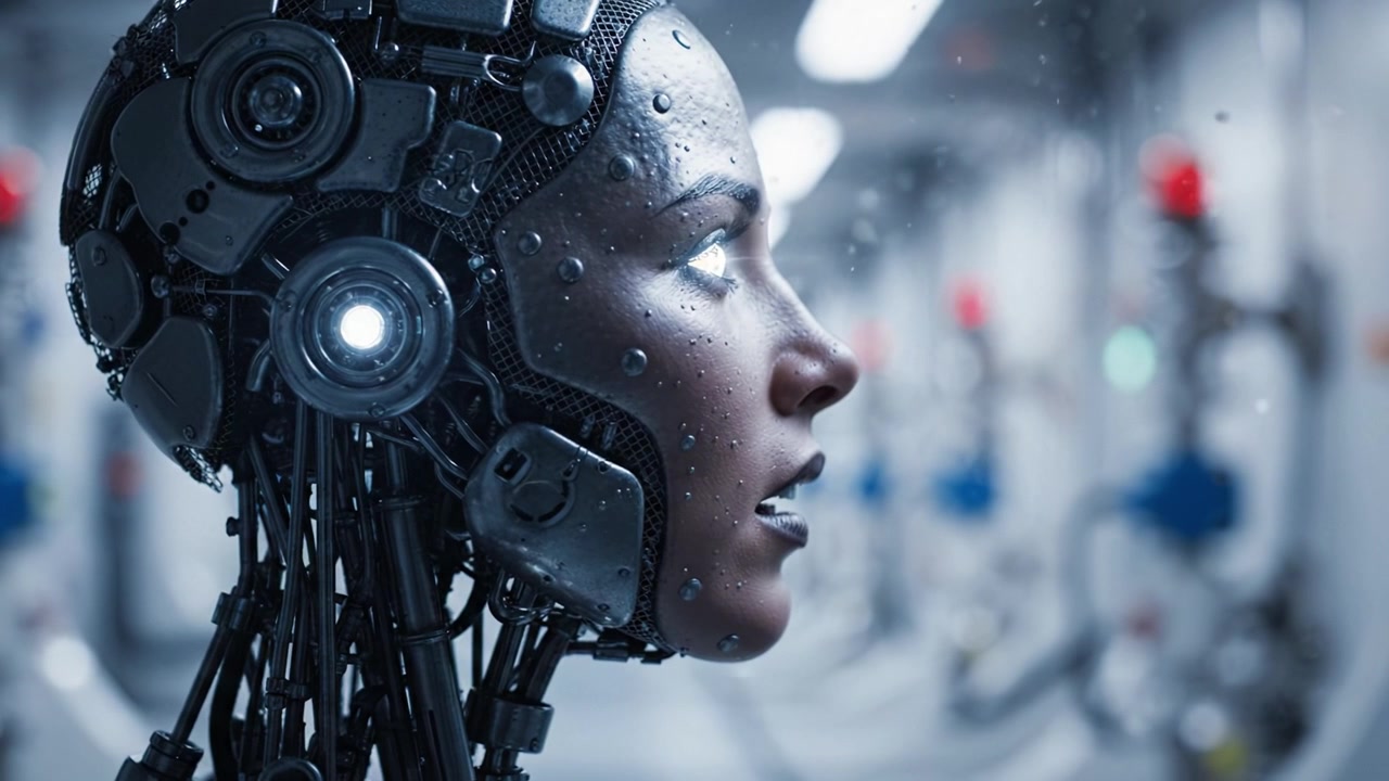 Una testa robotica futuristica con circuiti intricati ed elementi luminosi in un ambiente ad alta tecnologia, che mostra scoperte avanzate nell'intelligenza artificiale.