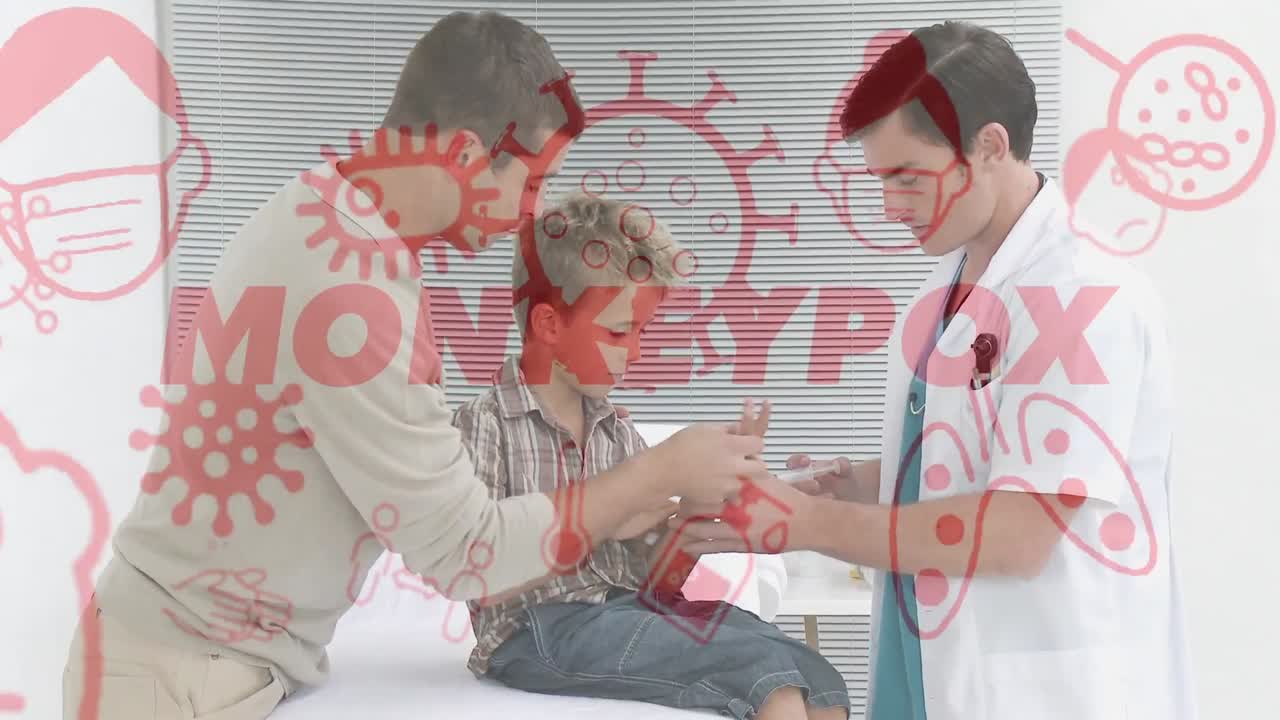 백인 남성 의사 소년에게 백신을 접종하는 원 ⁇ 이 천연두의 애니메이션