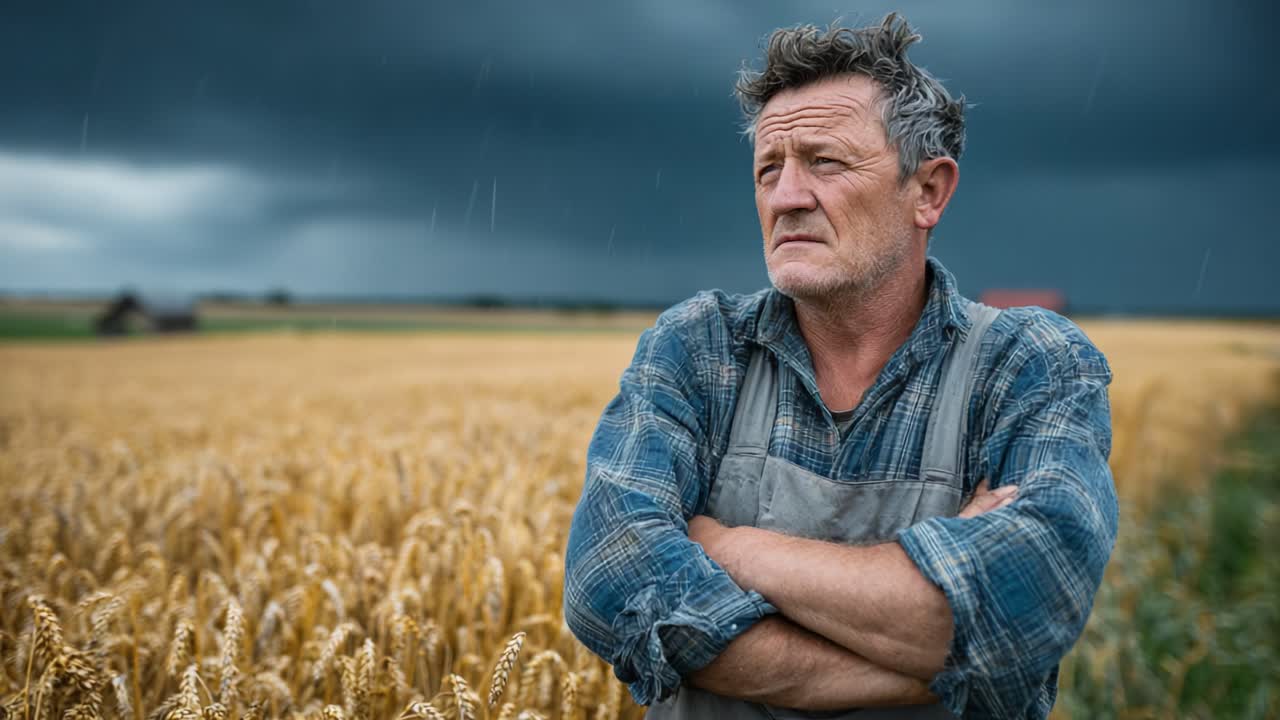 Zamyšlený farmář stojí uprostřed zlatého pšeničného pole a hledí k temné obloze, což odráží výzvy přírody v měnící se zemědělské krajině.