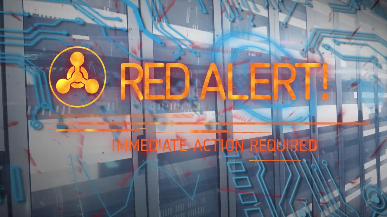Animation of red alert text and symbol over server room
