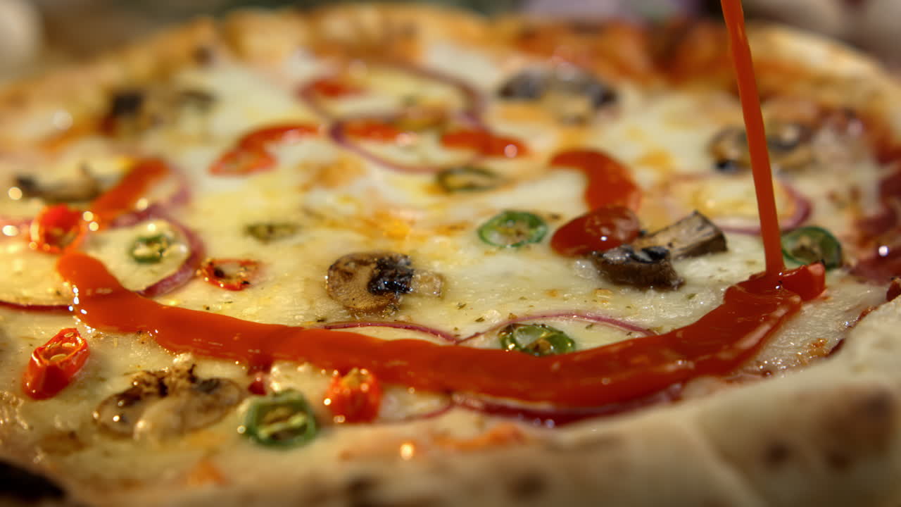 Pizza with toppings and tomato sauce