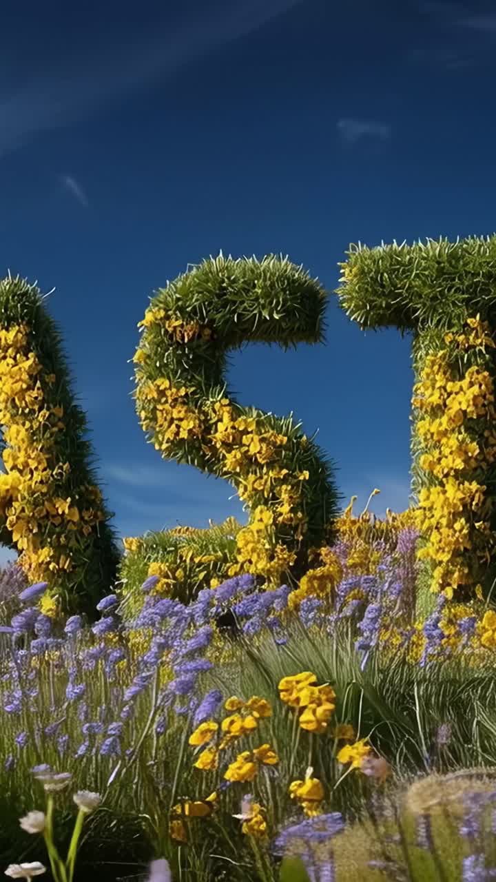 Lebendige grüne Buchstabenskulptur, umgeben von bunten Blumen und blauem Himmel, die eine üppige Naturlandschaft mit spielerischer Ästhetik und reichhaltiger Flora darstellt.
