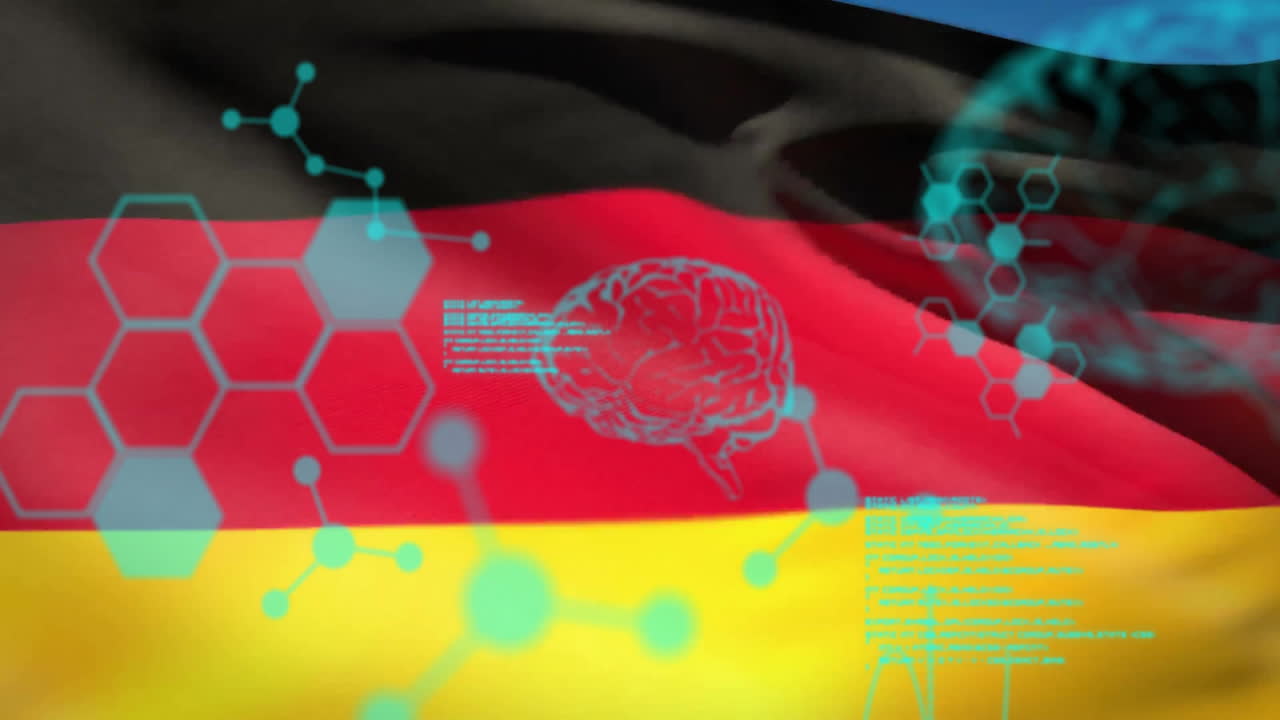 독일과 eu의 발 위에 뇌와 분자를 가진 데이터 처리의 애니메이션