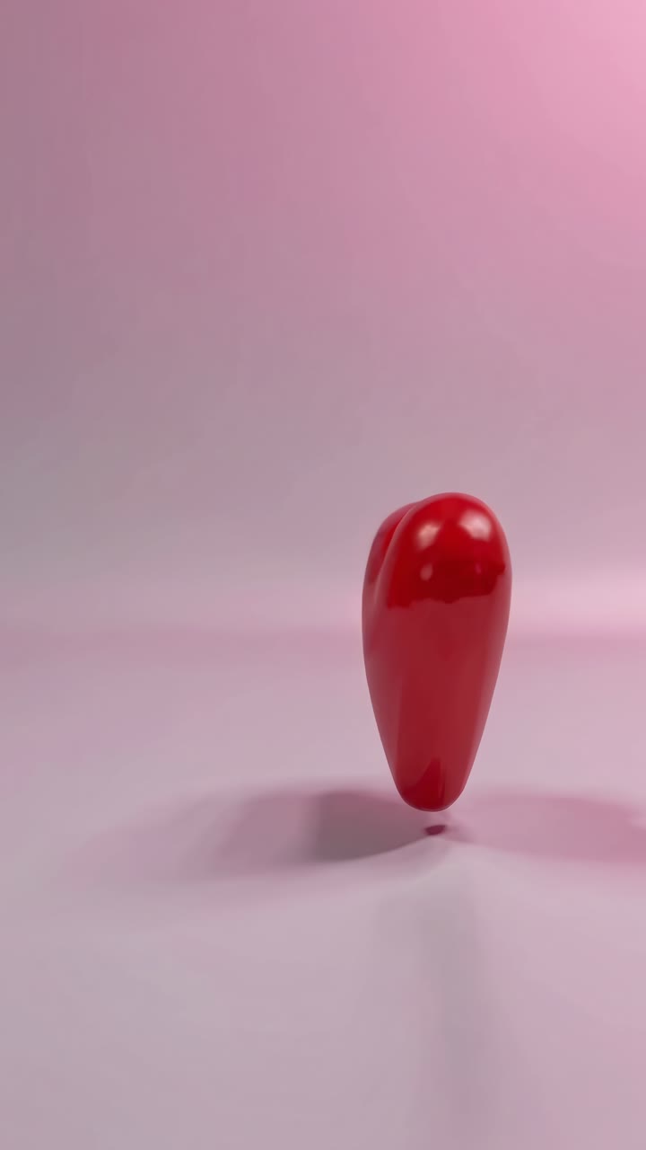 A glossy red heart floats against a soft pink background. The video uses a low-angle shot