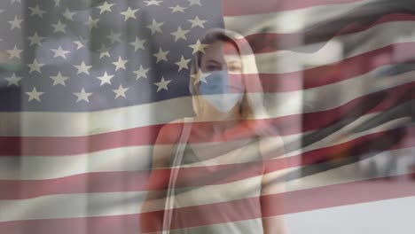 Animation-of-flag-of-usa-waving-over-woman-in-face-masks