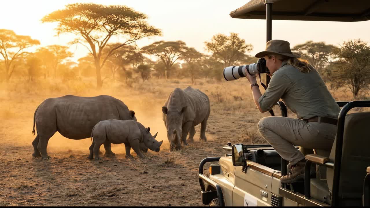 Una fotografa immortala i rinoceronti durante l'ora d'oro in un safari africano