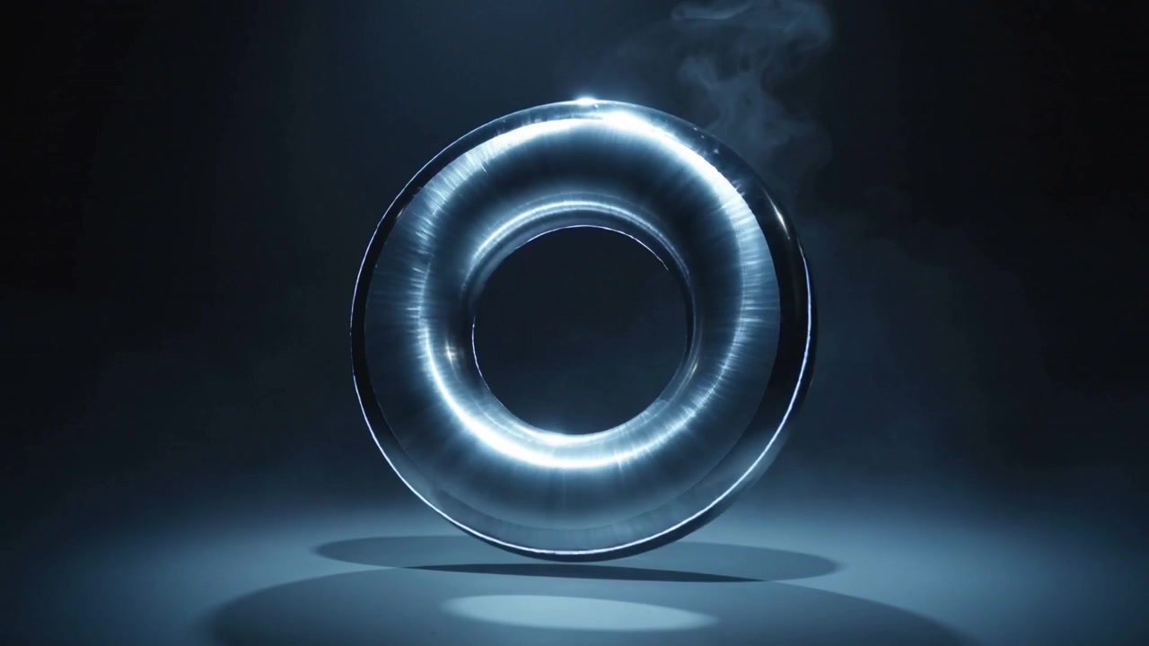 Rotating polished metallic torus hovering above dark stage under spotlight, with vapor and shadow