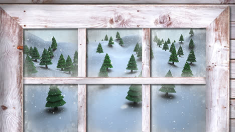 Animation-of-snow-falling-and-christmas-winter-scenery-seen-through-window