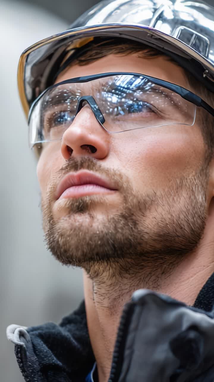 Determined Worker with Safety Gear Looking Upward in a Construction Environment, Showcasing Safety Practices and Focus on Building Projects
