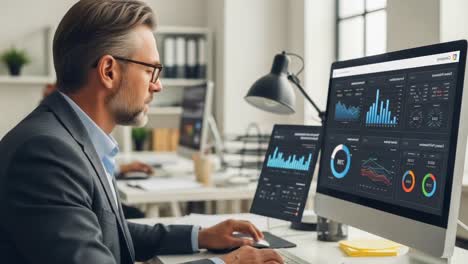 a focused professional analyzing complex data visualizations on multiple screens in a modern office environment, showcasing the importance of data-driven decision-making