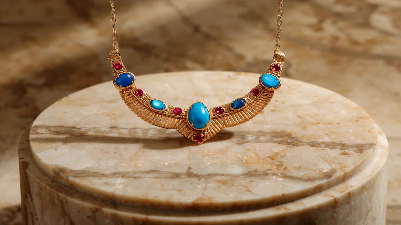 Hanging gold necklace by chain above marble pedestal, rotating to reveal blue red gemstone shimmer