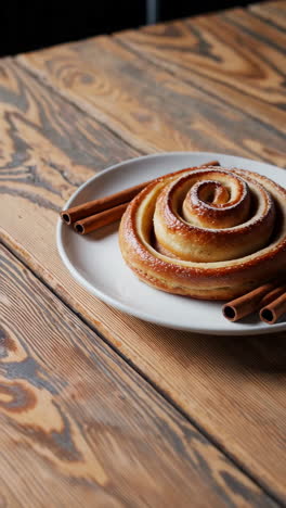 cinnamon roll with coffee on wooden table