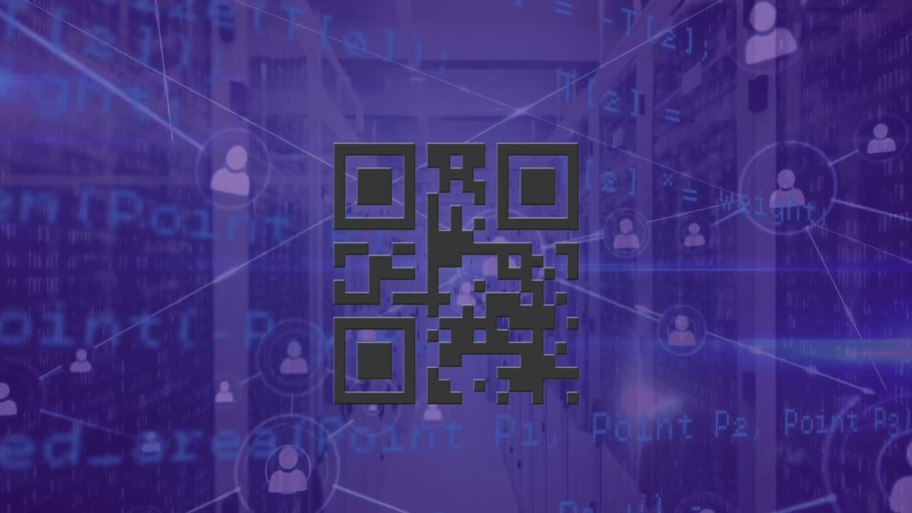 Animation of qr code with network of connections and data processing over server room