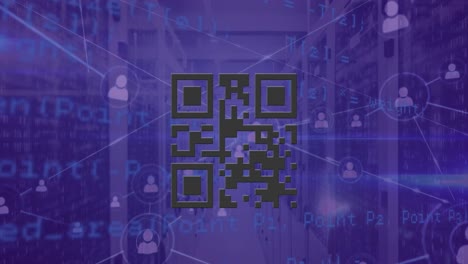 Animación-De-Código-Qr-Con-Red-De-Conexiones-Y-Procesamiento-De-Datos-En-Sala-De-Servidores