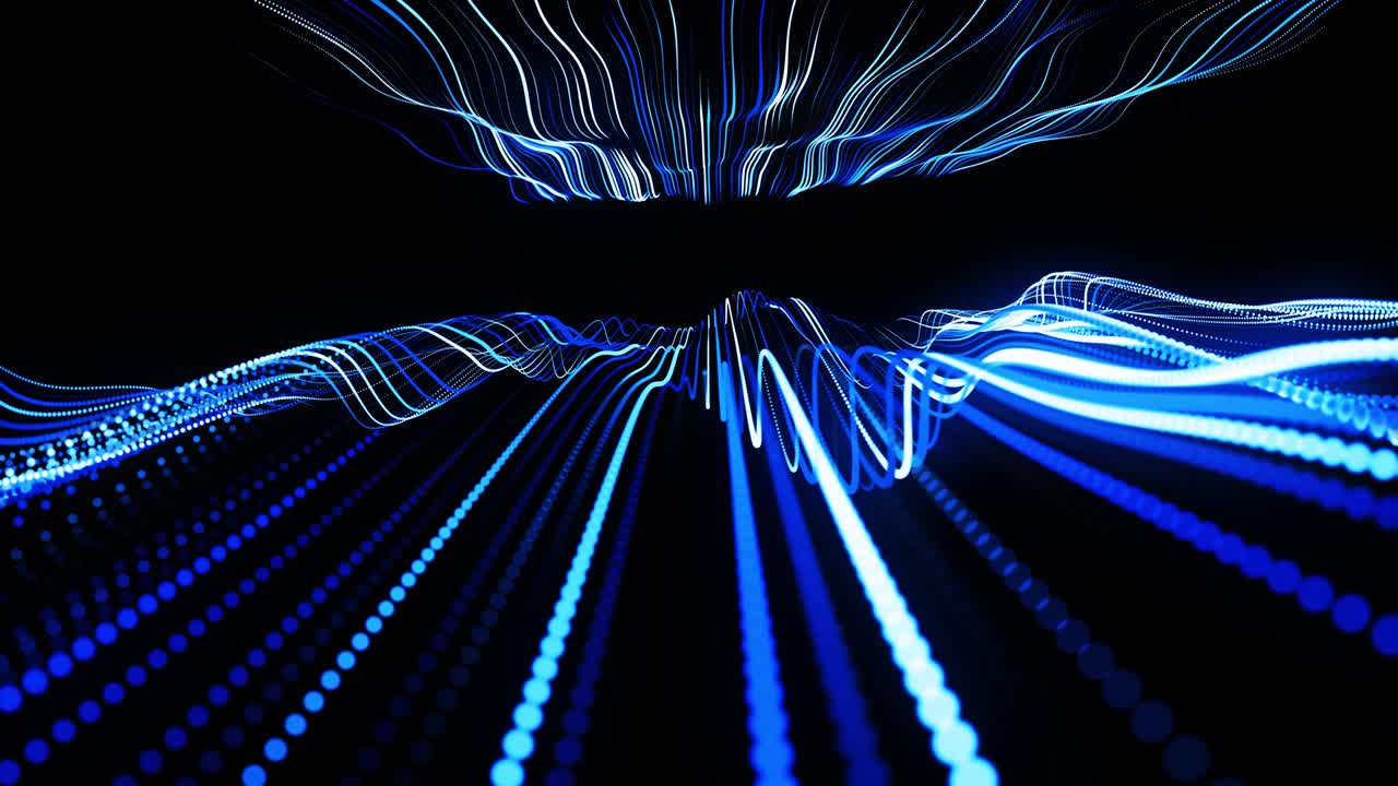 abstract 3d loop background with blue glow particles form curved lines and line form surface structure in 3d space. Festive vj loop with particles. Motion design background
