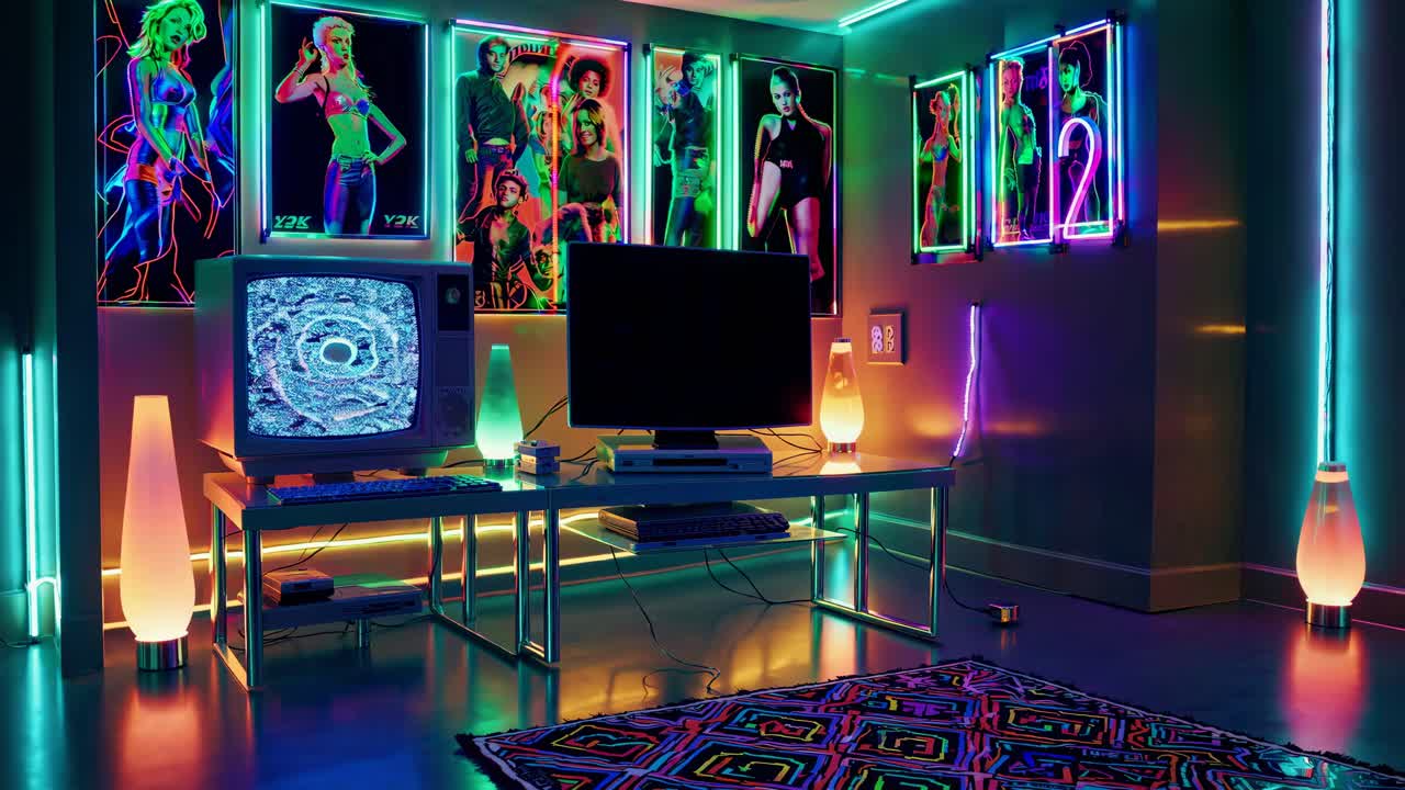 Retro-futuristic gaming room with neon lights and vintage decor