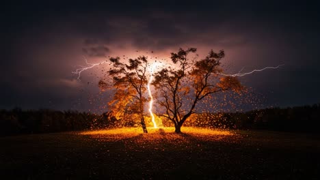 a dramatic lightning strike illuminates autumn trees, creating a stunning contrast of nature's power and beauty under a stormy sky