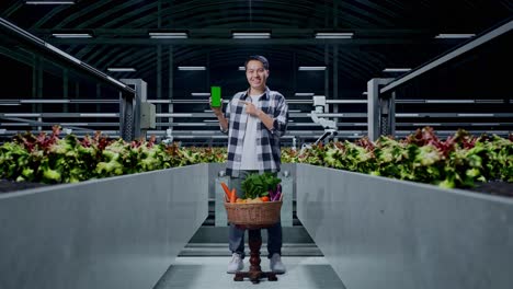 man presenting mobile phone with vegetables in a greenhouse