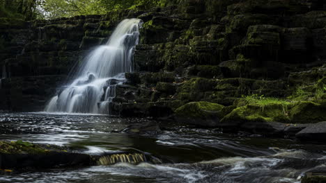 time lapse of spring forest cascade waterfall surrounded by trees with rocks in the foreground in rural landscape of ireland